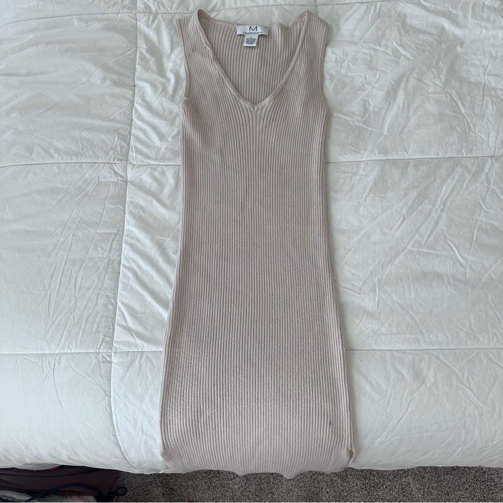 Magaschoni ribbed cream dress, midi style, size L